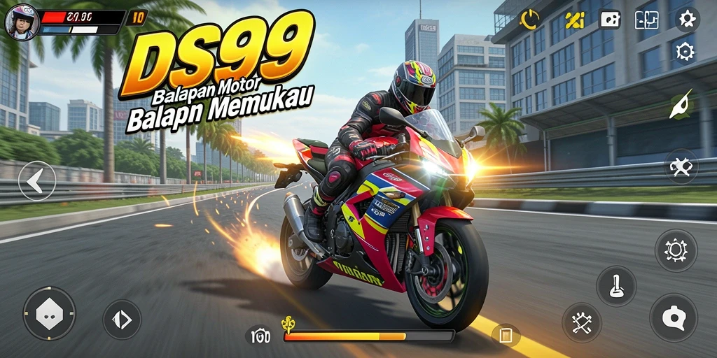 Screenshot dari gameplay DS99 yang menampilkan balapan motor yang intens.