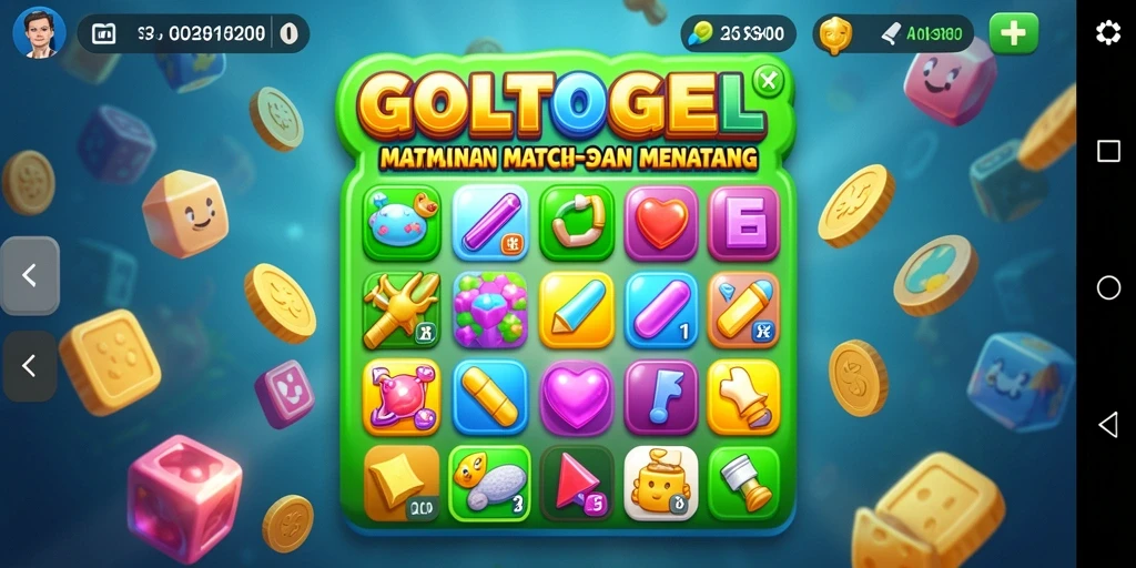 Screenshot GOLTOGEL menunjukkan papan permainan Match-3 yang cerah dan menarik.