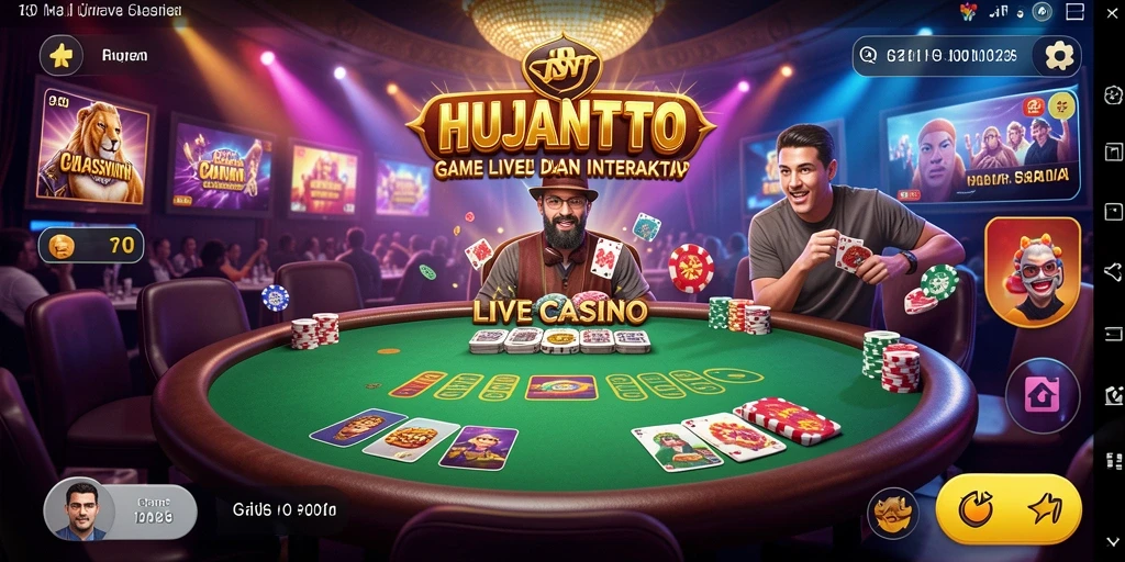 Screenshot gameplay HUJANTOTO menampilkan dealer langsung dan suasana kasino yang realistis.