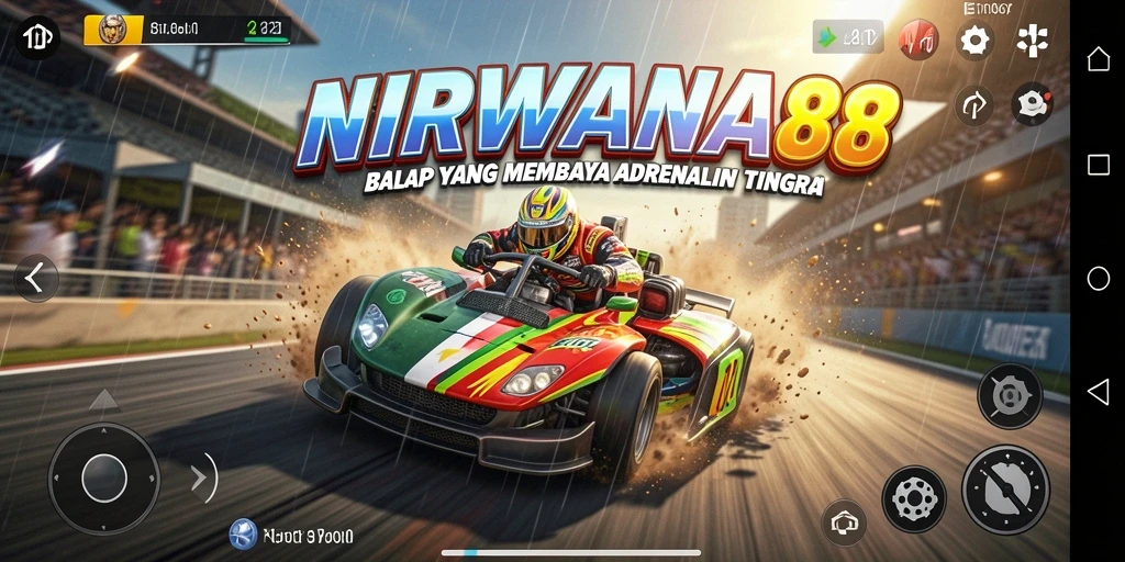 Screenshot gameplay NIRWANA88 menampilkan mobil balap dalam aksi.