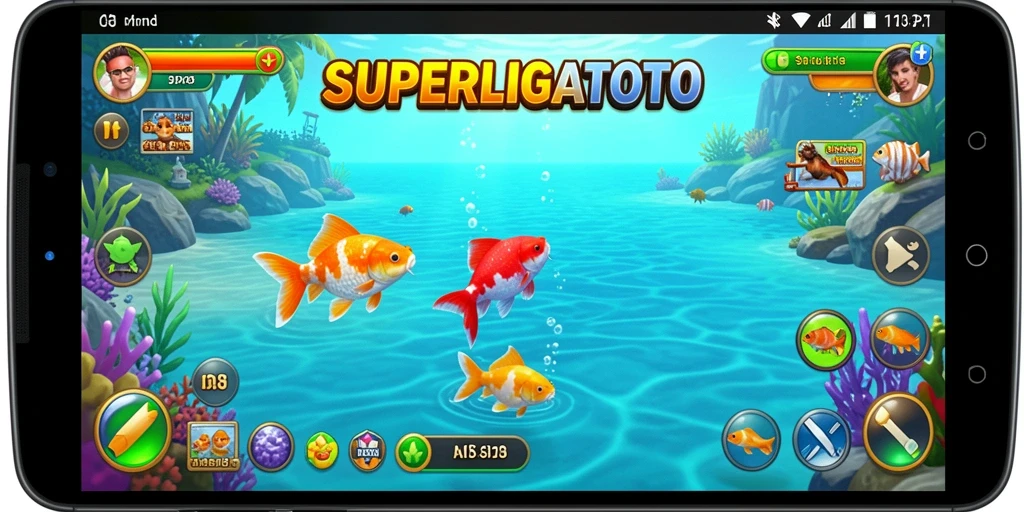 Tampilan gameplay SUPERLIGATOTO saat menangkap ikan di danau.