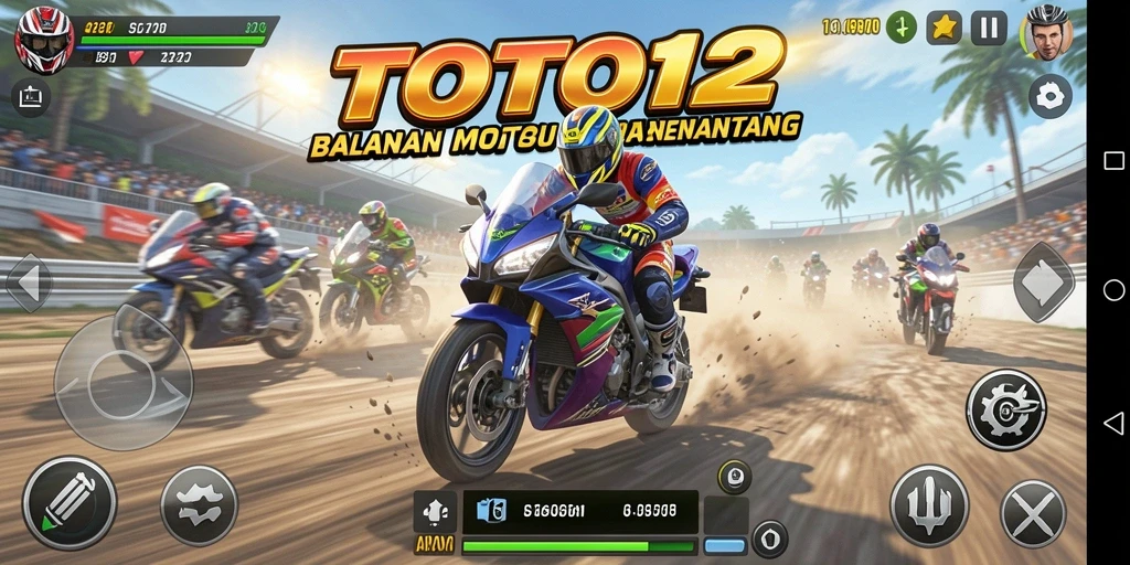 Tampilan gameplay mendebarkan TOTO12 saat balapan motor.